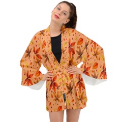 Orange Brown Leaves Long Sleeve Kimono by designsbymallika