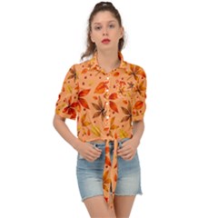 Orange Brown Leaves Tie Front Shirt  by designsbymallika