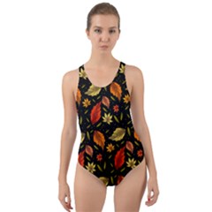 Golden Orange Leaves Cut-out Back One Piece Swimsuit by designsbymallika