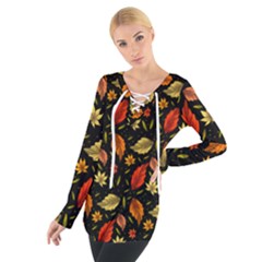 Golden Orange Leaves Tie Up Tee by designsbymallika