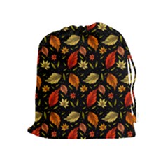 Golden Orange Leaves Drawstring Pouch (xl) by designsbymallika