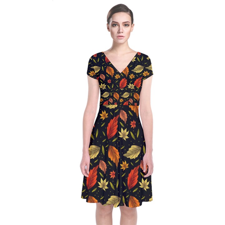 Golden Orange Leaves Short Sleeve Front Wrap Dress