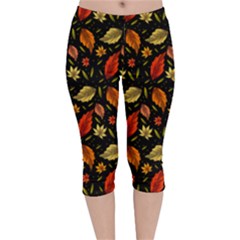 Golden Orange Leaves Velvet Capri Leggings  by designsbymallika