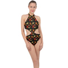 Golden Orange Leaves Halter Side Cut Swimsuit by designsbymallika