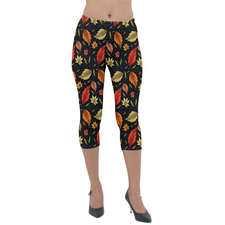 Golden Orange Leaves Lightweight Velour Capri Leggings 