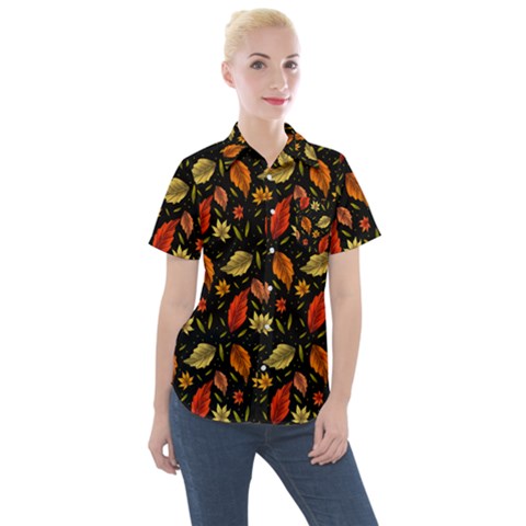 Golden Orange Leaves Women s Short Sleeve Pocket Shirt by designsbymallika