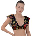 Golden Orange Leaves Plunge Frill Sleeve Bikini Top View1