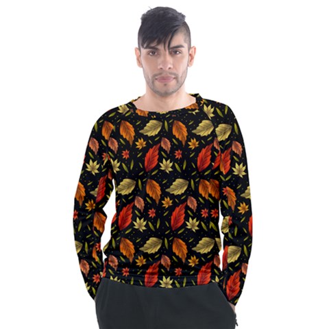 Golden Orange Leaves Men s Long Sleeve Raglan Tee by designsbymallika