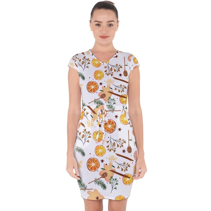 Honey Bee Pattern Capsleeve Drawstring Dress 