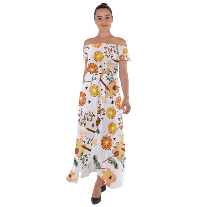 Honey Bee Pattern Off Shoulder Open Front Chiffon Dress