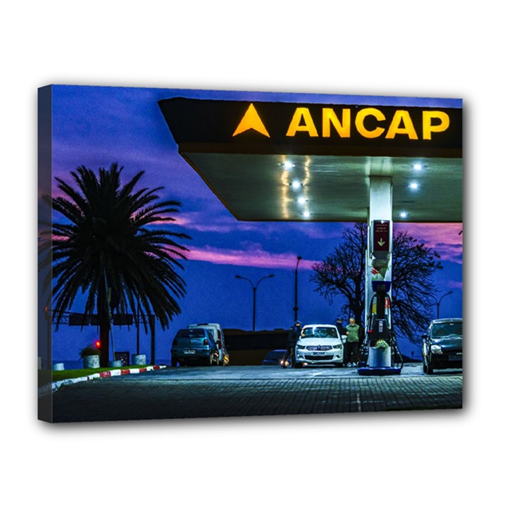 Night Scene Gas Station Building, Montevideo, Uruguay Canvas 16  x 12  (Stretched)