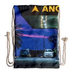 Night Scene Gas Station Building, Montevideo, Uruguay Drawstring Bag (large) by dflcprintsclothing