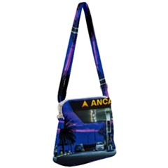 Night Scene Gas Station Building, Montevideo, Uruguay Zipper Messenger Bag by dflcprintsclothing