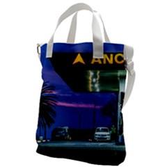 Night Scene Gas Station Building, Montevideo, Uruguay Canvas Messenger Bag by dflcprintsclothing