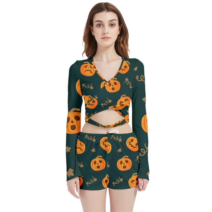 Halloween Velvet Wrap Crop Top and Shorts Set