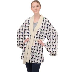 Lady Cat Pattern, Cute Cats Theme, Feline Design Long Sleeve Velvet Kimono  by Casemiro