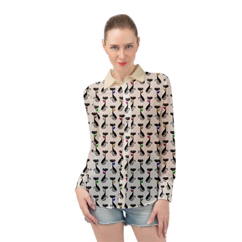 Lady Cat Pattern, Cute Cats Theme, Feline Design Long Sleeve Chiffon Shirt by Casemiro