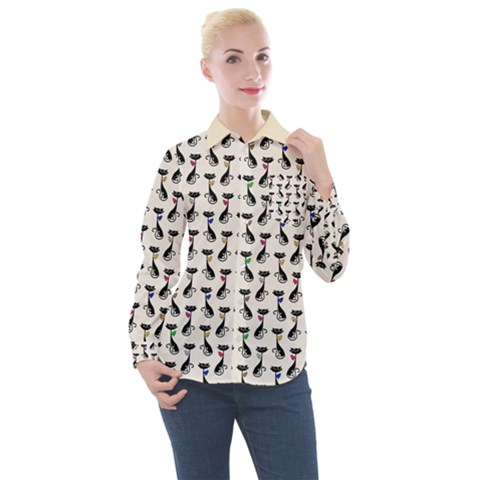 Lady Cat Pattern, Cute Cats Theme, Feline Design Women s Long Sleeve Pocket Shirt by Casemiro