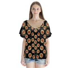 Earth With Flowers And Tree  Wood  Vintage V-neck Flutter Sleeve Top by pepitasart