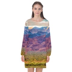 Arid Andean Landscape, La Rioja, Argentina010 Long Sleeve Chiffon Shift Dress  by dflcprintsclothing