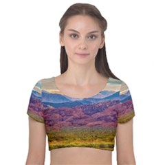 Arid Andean Landscape, La Rioja, Argentina010 Velvet Short Sleeve Crop Top  by dflcprintsclothing