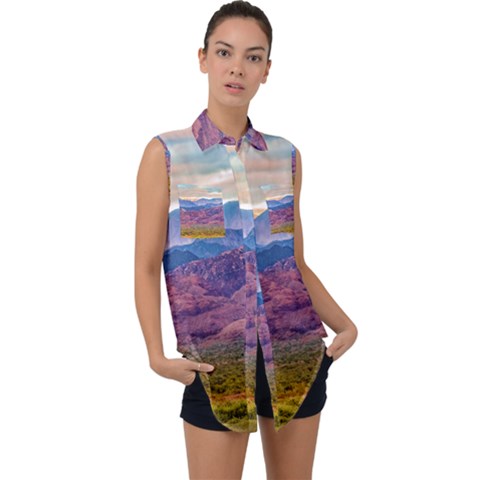 Arid Andean Landscape, La Rioja, Argentina010 Sleeveless Chiffon Button Shirt by dflcprintsclothing