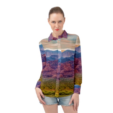 Arid Andean Landscape, La Rioja, Argentina010 Long Sleeve Chiffon Shirt by dflcprintsclothing