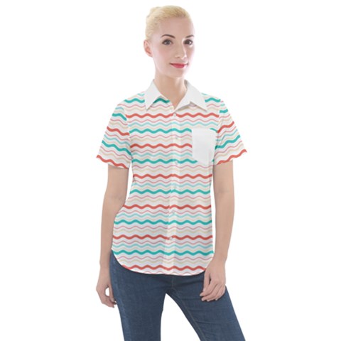 Aqua Coral Waves Women s Short Sleeve Pocket Shirt by CuteKingdom