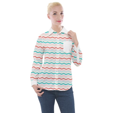 Aqua Coral Waves Women s Long Sleeve Pocket Shirt by CuteKingdom