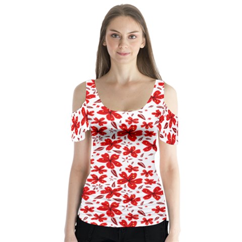 Red Flowers Butterfly Sleeve Cutout Tee  by CuteKingdom