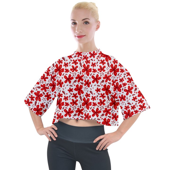 Red Flowers Mock Neck Tee