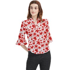 Red Flowers Loose Horn Sleeve Chiffon Blouse