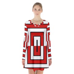 Square Maze Red Long Sleeve Velvet V-neck Dress by tmsartbazaar