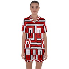 Square Maze Red Satin Short Sleeve Pyjamas Set by tmsartbazaar