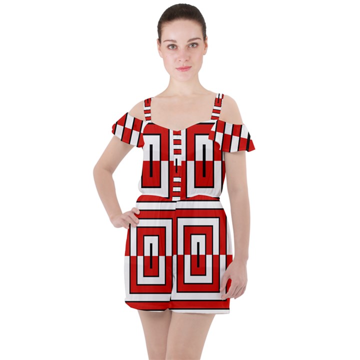 Square Maze Red Ruffle Cut Out Chiffon Playsuit