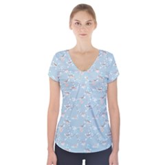 Birds And Flowers Short Sleeve Front Detail Top by CuteKingdom