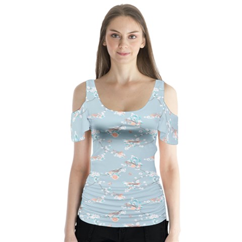 Birds And Flowers Butterfly Sleeve Cutout Tee  by CuteKingdom