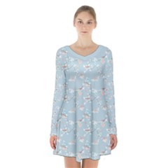 Birds And Flowers Long Sleeve Velvet V-neck Dress by CuteKingdom