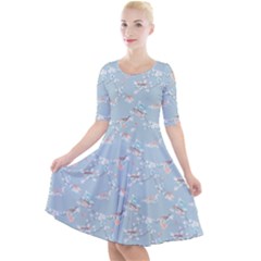 Birds And Flowers Quarter Sleeve A-line Dress by CuteKingdom