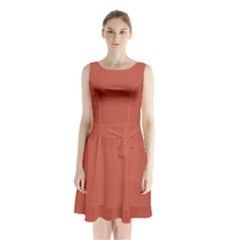 Dark Coral - Sleeveless Waist Tie Chiffon Dress