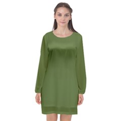 Dark Olive Green - Long Sleeve Chiffon Shift Dress 