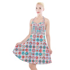 Aqua Coral Circles Halter Party Swing Dress  by CuteKingdom