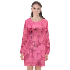 Beauty Pink Rose Detail Photo Long Sleeve Chiffon Shift Dress 