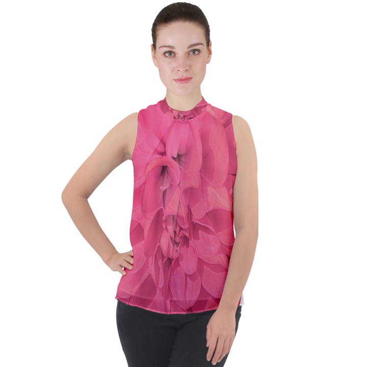 Beauty Pink Rose Detail Photo Mock Neck Chiffon Sleeveless Top