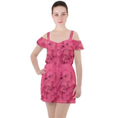 Beauty Pink Rose Detail Photo Ruffle Cut Out Chiffon Playsuit by dflcprintsclothing