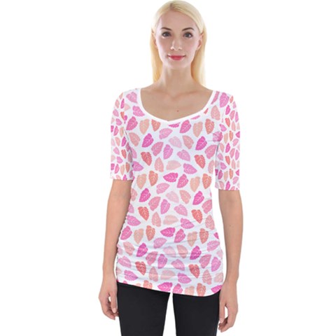 Pink Leaves Wide Neckline Tee by CuteKingdom