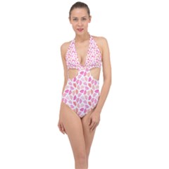 Pink Leaves Halter Front Plunge Swimsuit by CuteKingdom