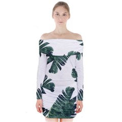 Green Banana Leaves Long Sleeve Off Shoulder Dress by goljakoff