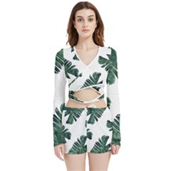 Green Banana Leaves Velvet Wrap Crop Top And Shorts Set