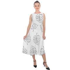 Doodle Leaves Midi Tie-back Chiffon Dress by goljakoff